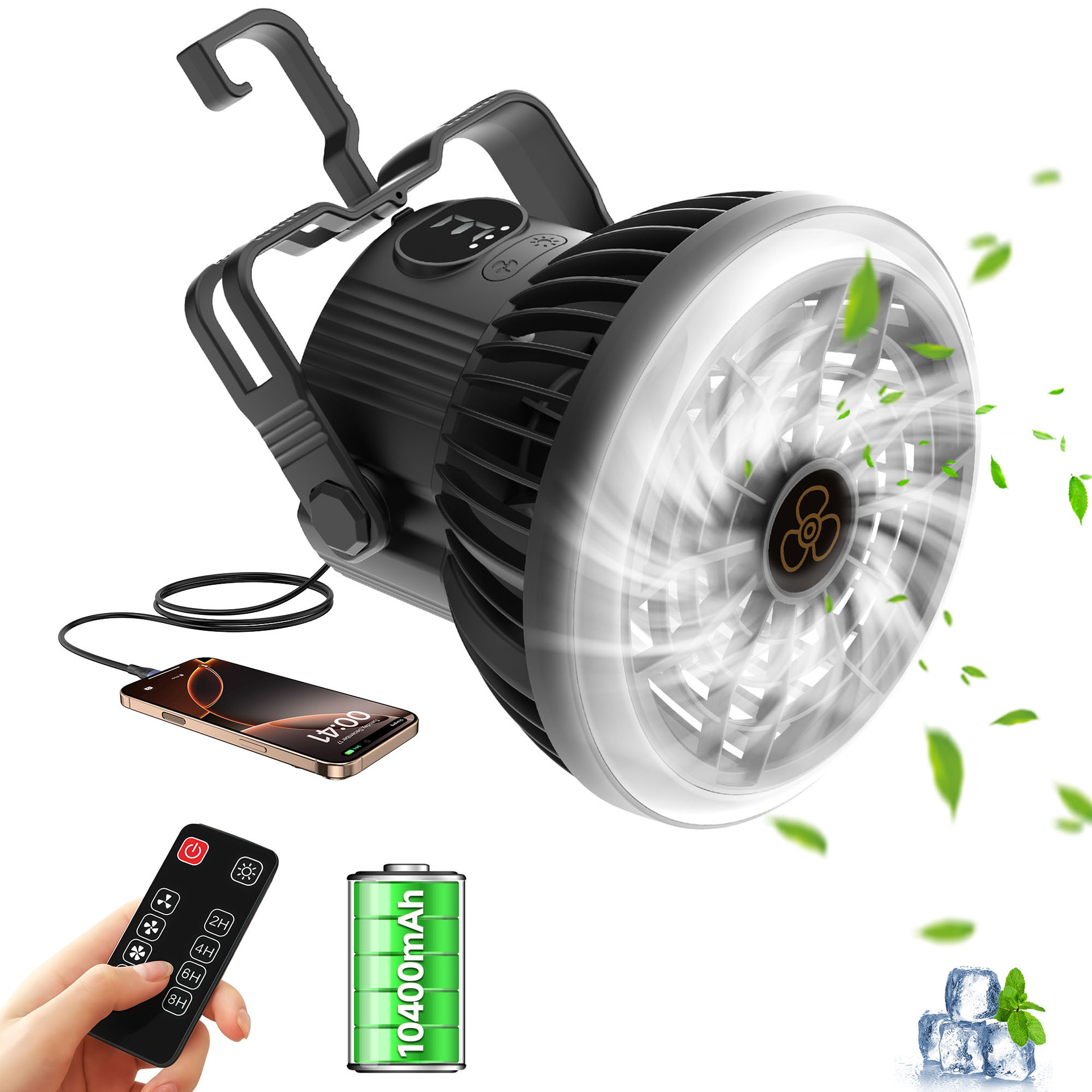 Cross-Border Outdoor Camping Fan USB Rechargeable Lighting Digital Display Dormitory Tent Ceiling Fan Portable Camping Fan Light