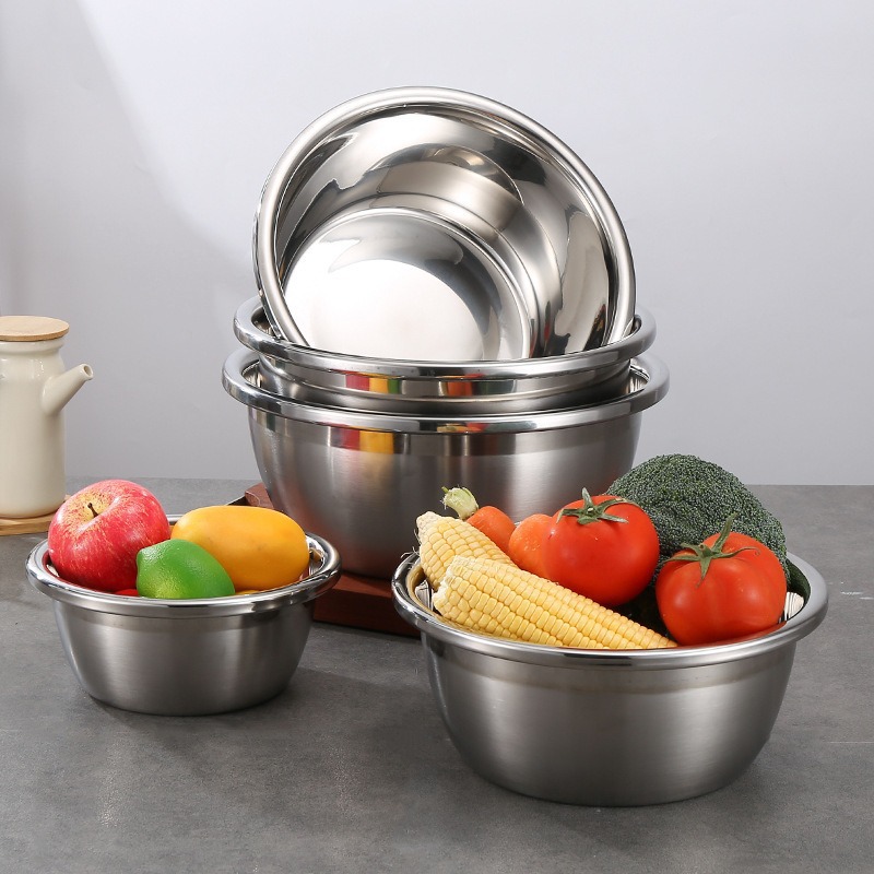 European-Style Large Stainless Steel Cooking Bowl with Rim, Rice Sieve, Draining Seasoning Jar, Household Kitchen Egg-Beating Bowl, Baking and Mixing Bowl