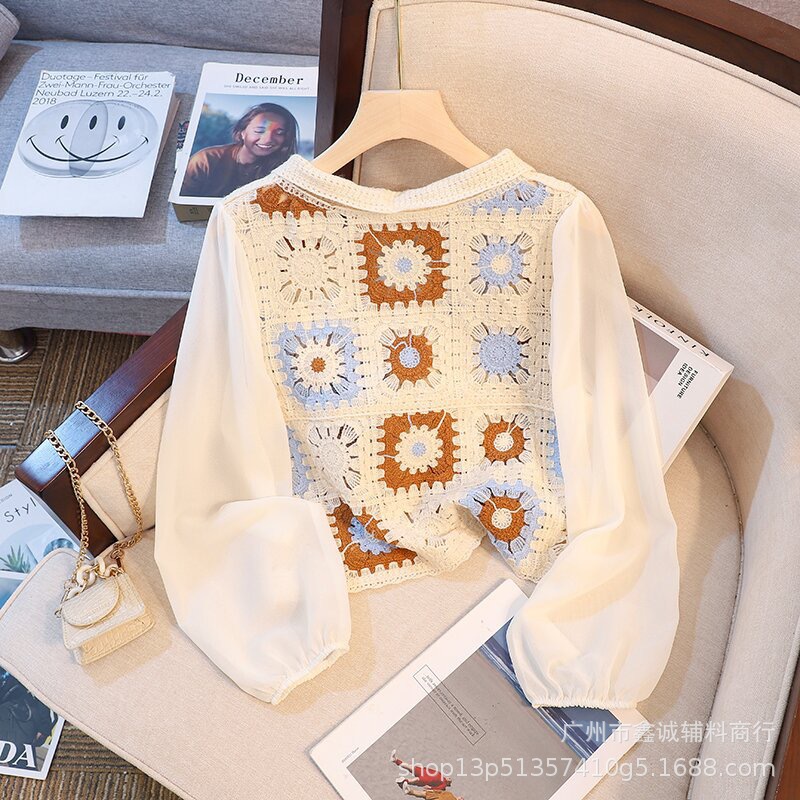 Spring and Autumn New embroidered crocheted lapel thin chiffon shirt women's design sense Chanel style hollow loose shirt top