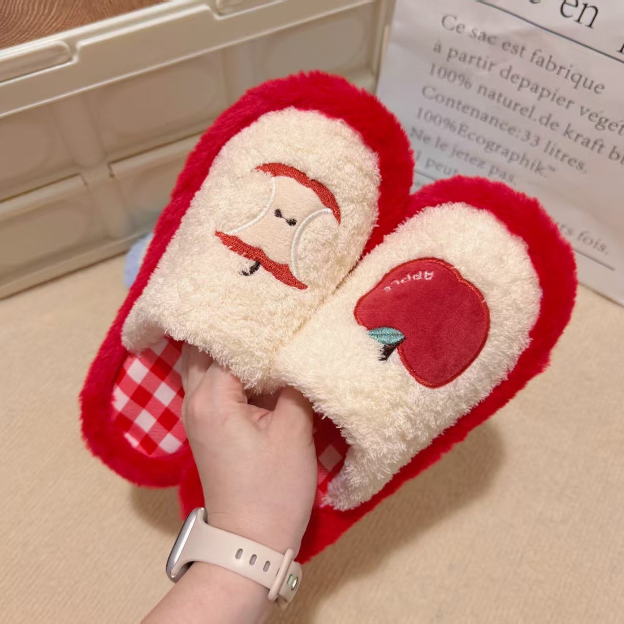 2025 New Dopamine Red Apple Toe-Toe Cotton Slippers Women's Home Non-Slip Soft Sole Lightweight Cotton Shoes