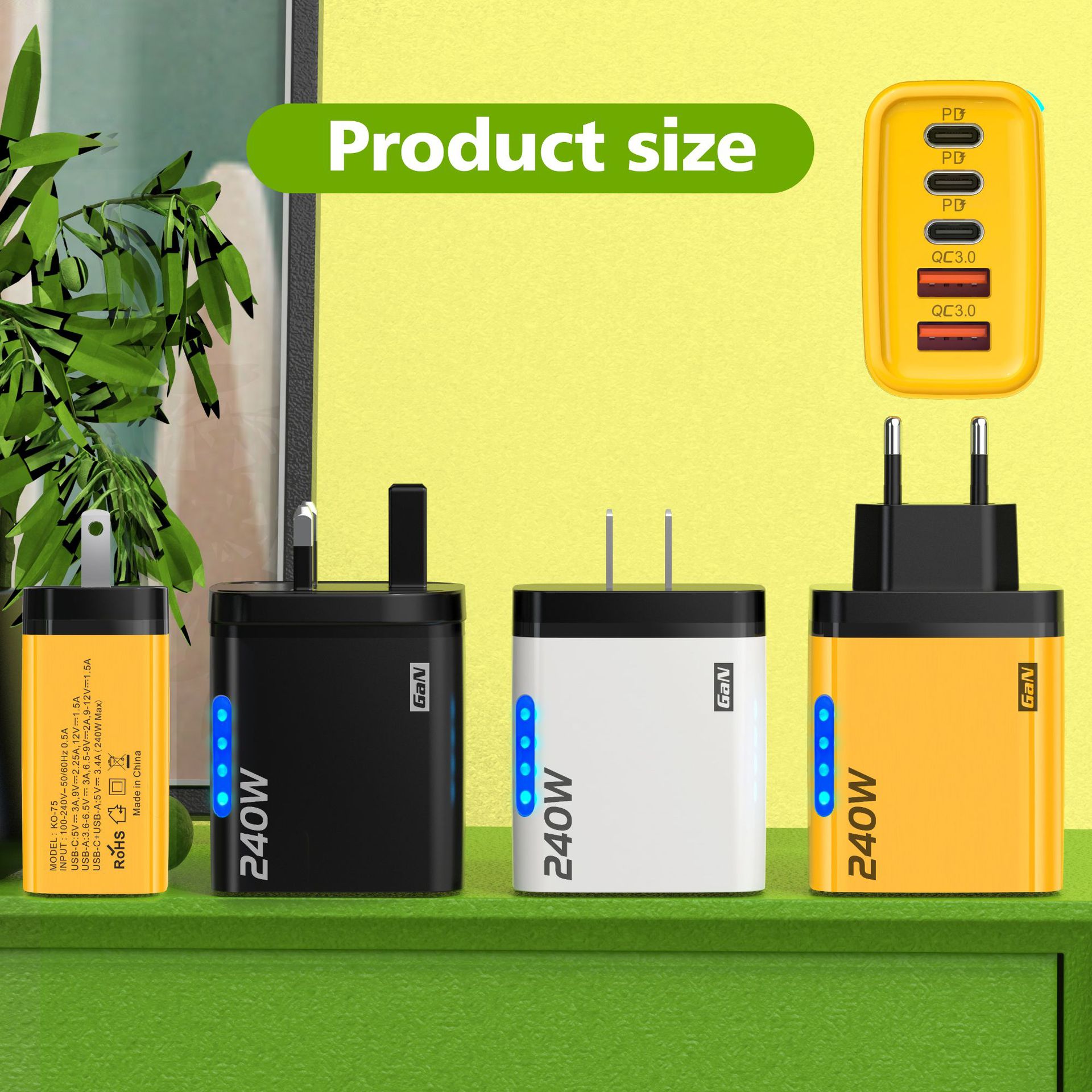 240W 3Pd+ Dual USB Charger with Light Suitable for Apple 15 Huawei Mobile Phone Dual Typec Smart Fast Charging Head