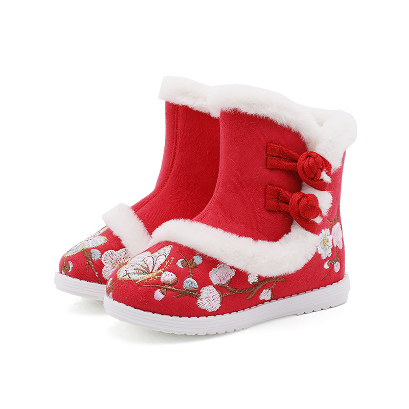 Hanfu Shoes Girls Autumn and Winter New Antique fleece-lined Thickened Cotton Boots Snow Boots New Year Children's Embroidered Shoes