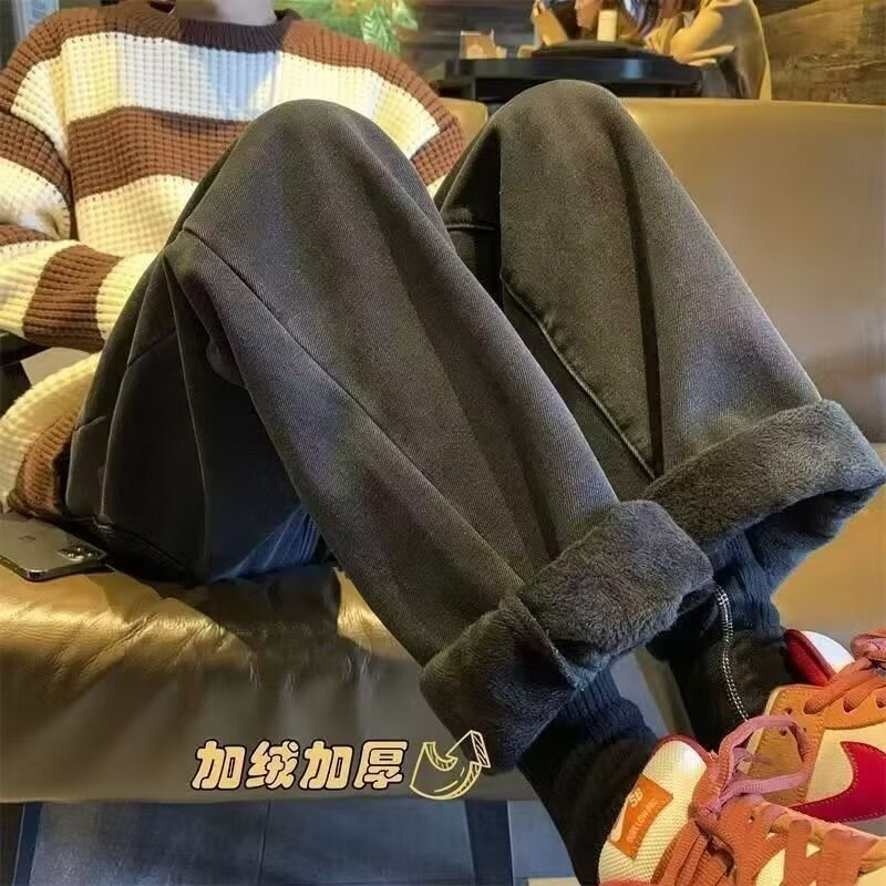 мужские зимние джинсы в ретро-стиле, утолщенные, эластичная талия, прямые свободные теплые широкие брюки, новинка 2025 года