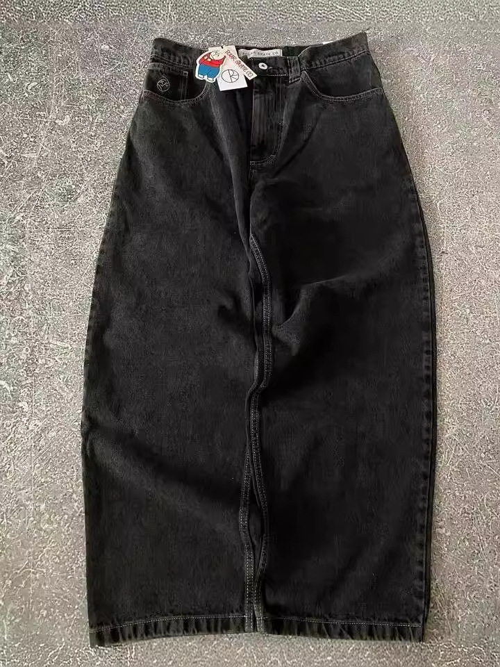 Уличная мода джинсы для больших мальчиков Harajuku готические хип-хоп джинсы с мультяшной вышивкой