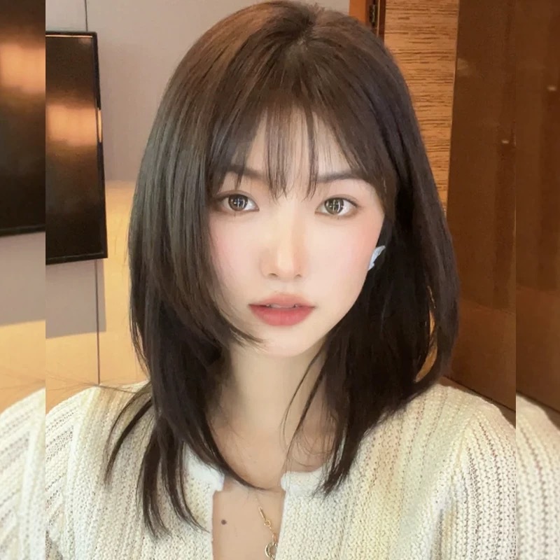 Factory wholesale 2025 new long hair net red air bangs shoulder clavicle hair age-reducing round face full head cover