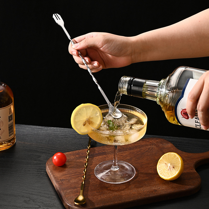 Stainless Steel Mixing Spoon Bar Spoon Cocktail Long Handle Bar Spoon Ice Spoon Double-Head Dual-Use Mixing Spoon Fork