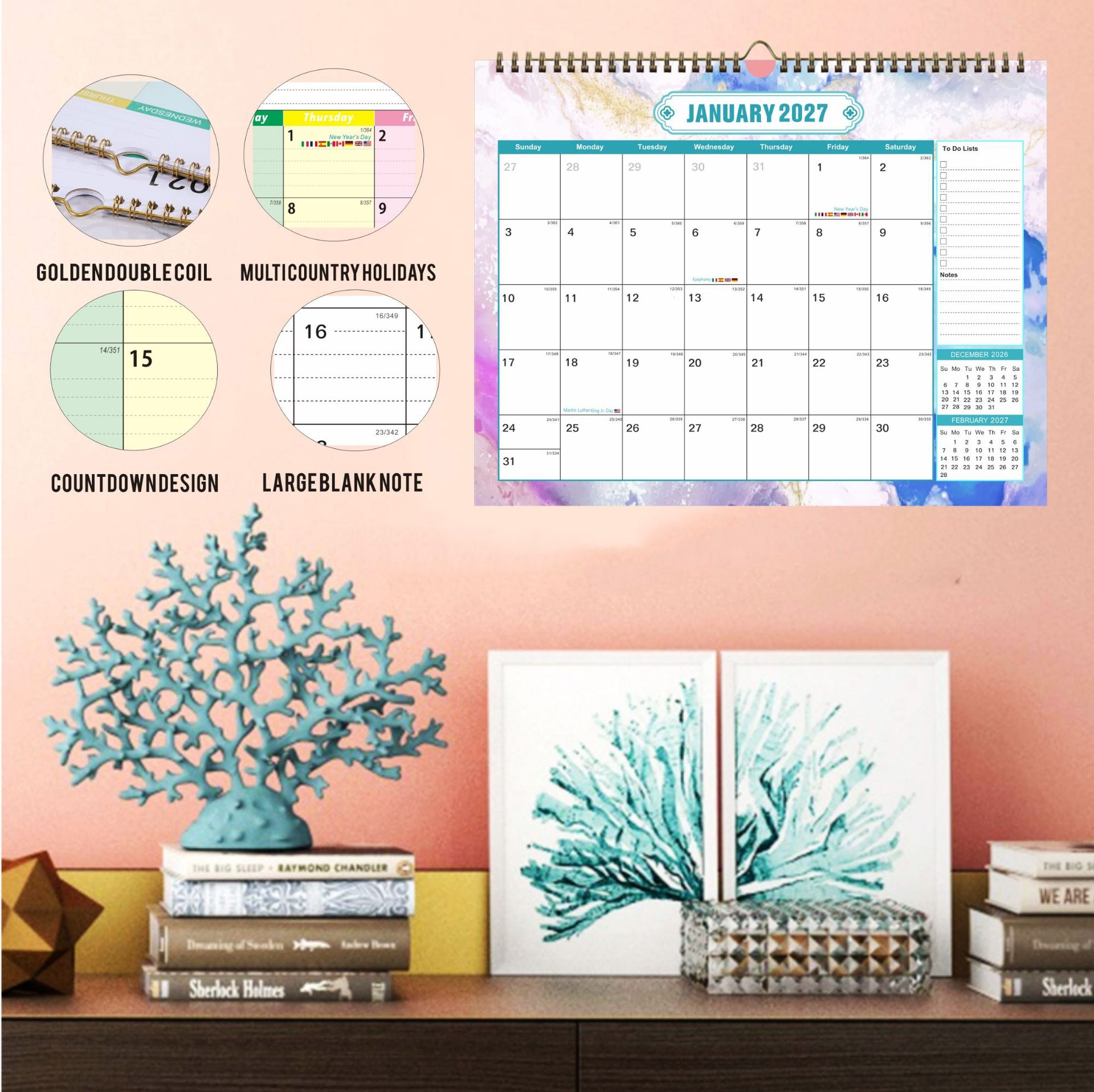 Настенный календарь 2026-2027 США Канада Дейюань Ежемесячный настольный календарь Праздничный английская версия Календарь кросс-бодерная горячая продажа