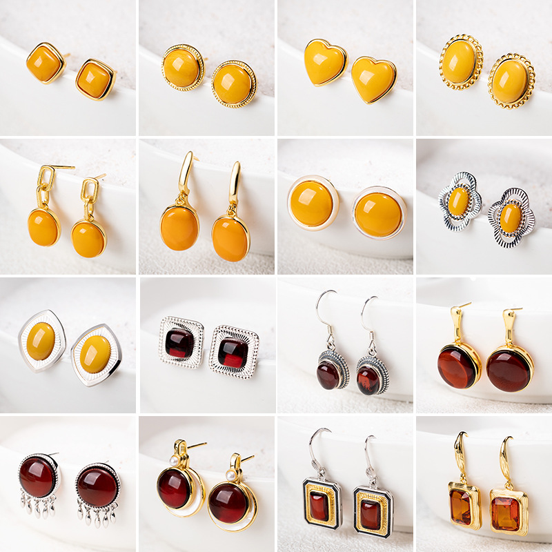 Серьги S925 серебро Инкрустация натуральным янтарем Пчелиный воск Кровавые круглые квадратные серьги Серьги с ушными крючками Высококачественные легкие роскошные женские серьги