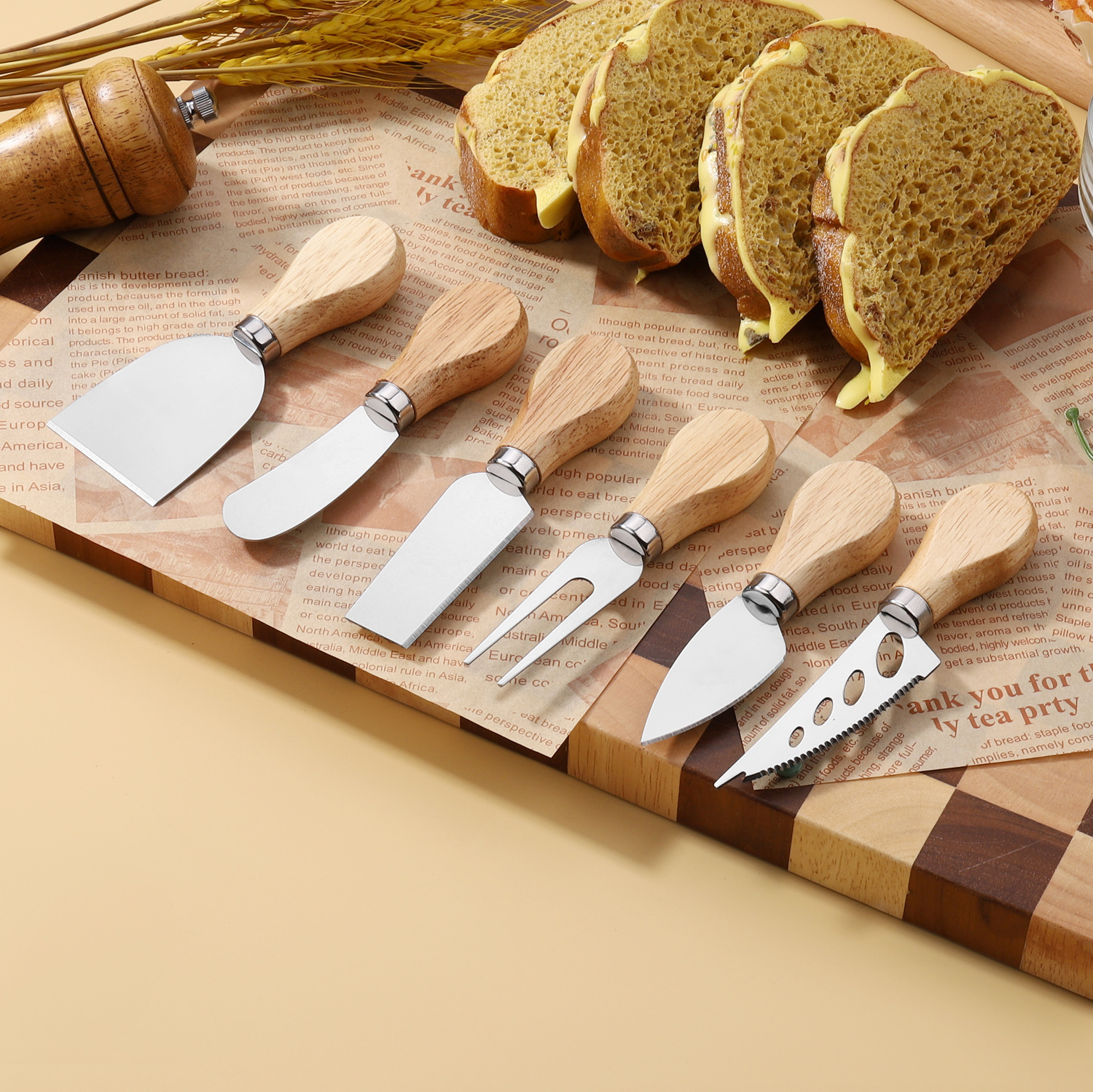 Cross-Border Stainless Steel Cheese Knife and Fork Set Kitchen Oak Cheese Butter Pizza Knife Gift Box Home Baking Tools