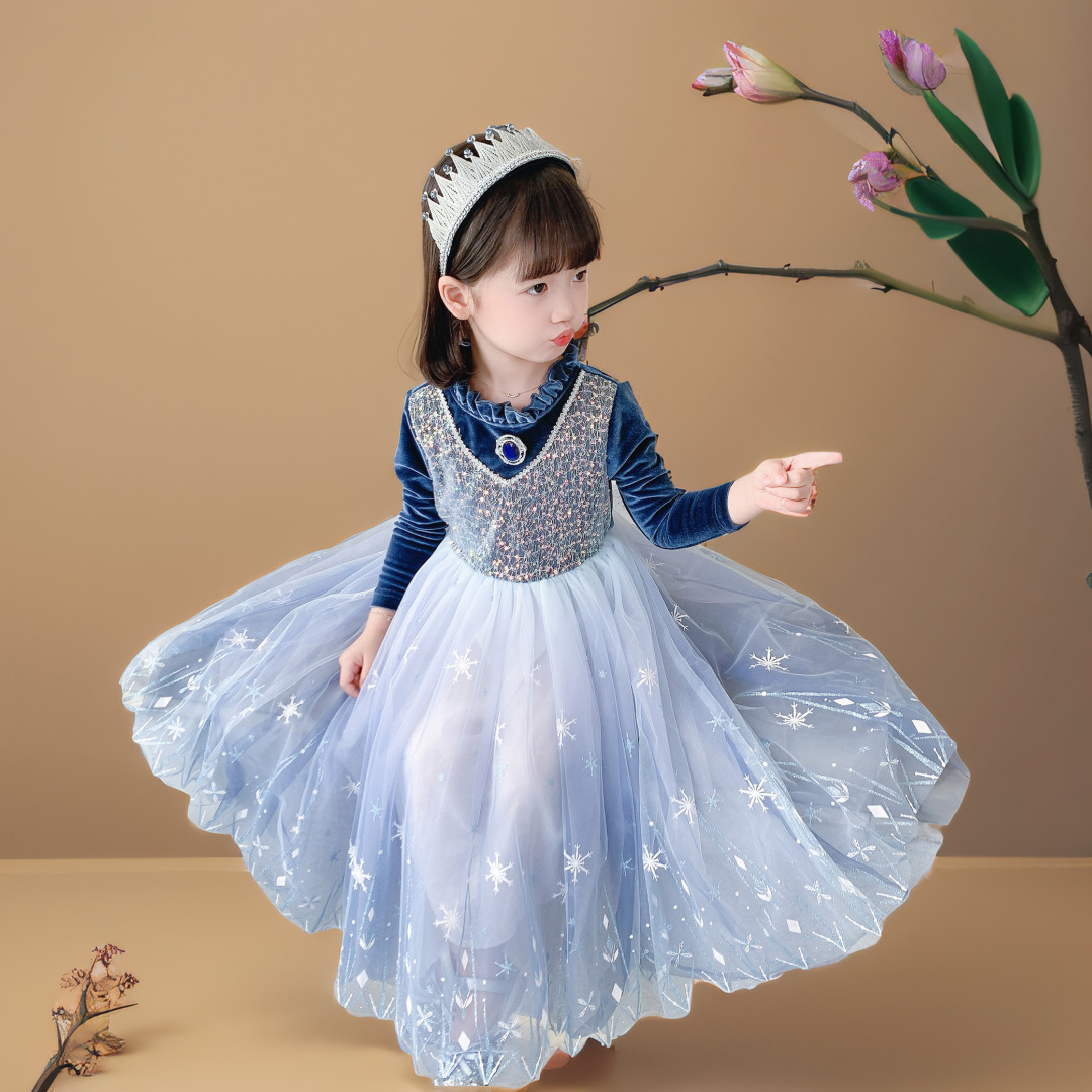 Autumn and Winter Fleece-Lined Ice and Snow Princess Dress for Girls, Long-Sleeved Dress, Frozen Elsa Princess Mesh Skirt
