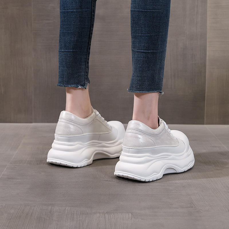 Hs1169-1 Thick-Soled Inner Heightening Fashionable Versatile White Shoes for Women 2025 Autum New Platform Soft-Soled Casual Shoes