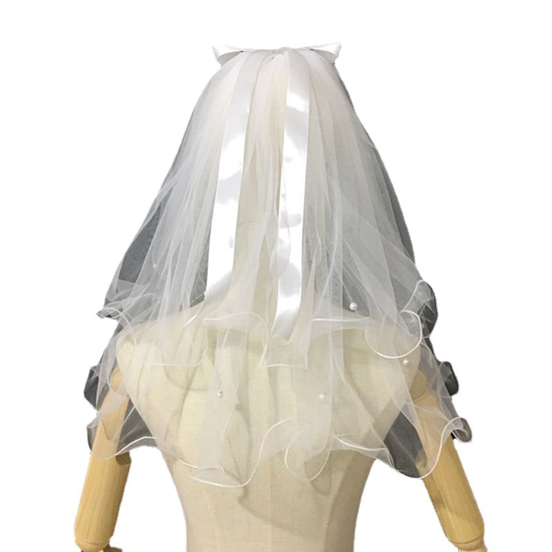 Hair Bride Double-layer Pearl Ribbon Bow Heading Veil Curl Internet Celebrity Photo Headwear Children's Glow Heading Veil