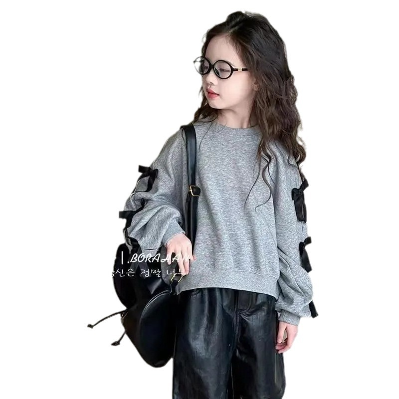 Girls' Autumn Wear 2025 New Bow Knot Children's Korean-style Long Sleeve Girls' Middle and Big Children's Casual Top Children's Wear