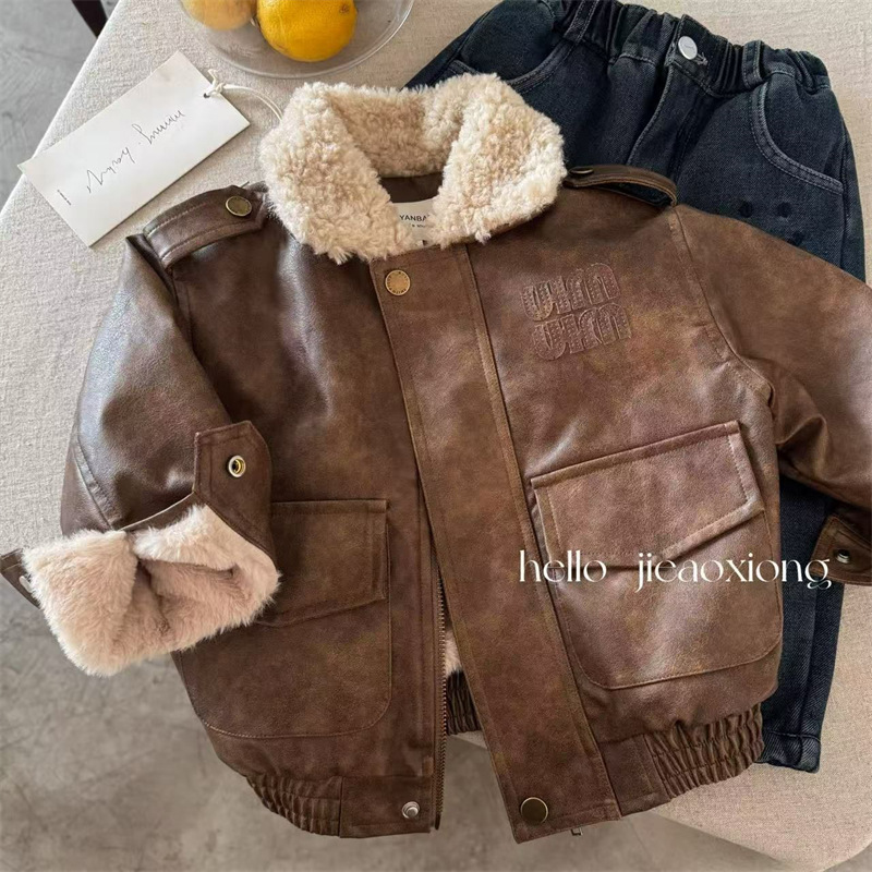 Children's Outwear 2025 Squinting Eyes Winter New Product for Boys and Girls Lapel Thickeneded Leather Jacket Baby Letter Zipper Shirt Trendy