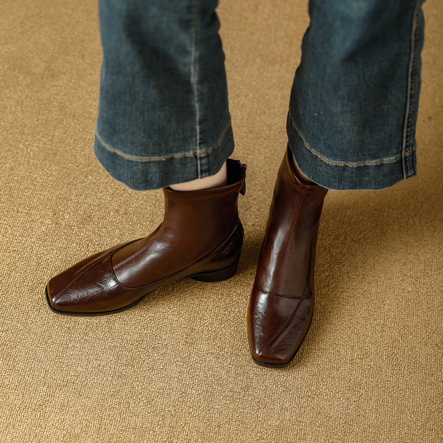 Retro Square-Toe Short Boots, New Autumn Style, Simple and Versatile Martin Boots, Soft Soles, Comfortable Back Zipper, Elastic Slim Boots