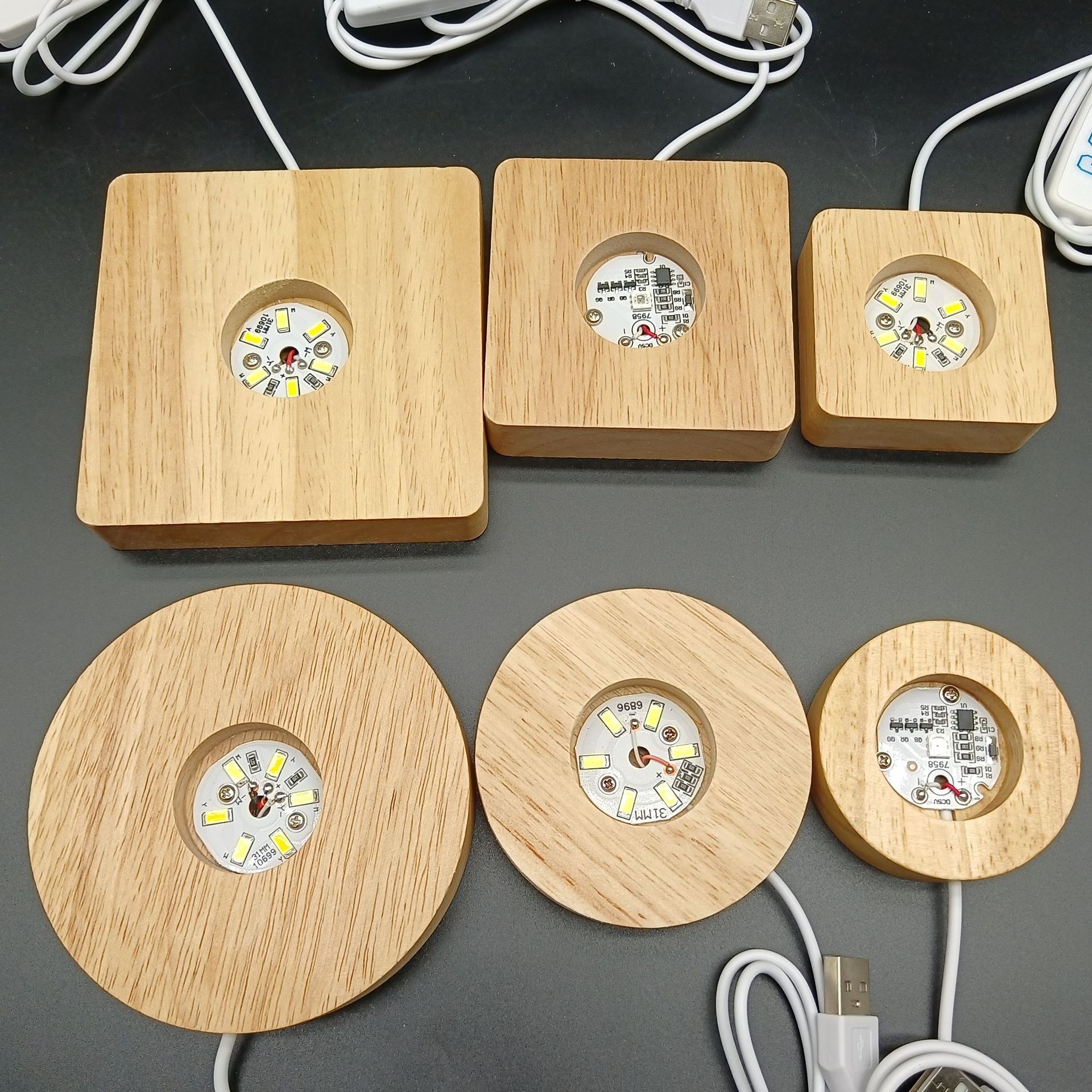 Led Wooden Base DIY Creative Crafts Ornaments Acrylic Night Light Round Square Luminous Wooden Lamp