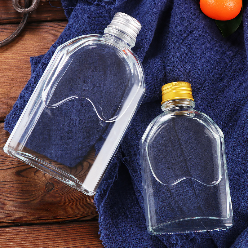 500ml Transparent Shoulder Flat Liquor Bottle Household Sealed Sub-packaging Aluminum Cap Glass Bottle Portable Test Drink Empty Bottle