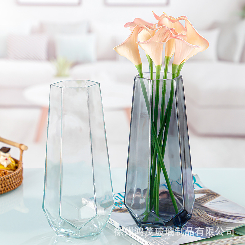 Simple Six-sided Glass Vase Creative Transparent Glass Vase Living Room Dining Table Ornaments Hydroponic Green Plant Decoration Ornaments
