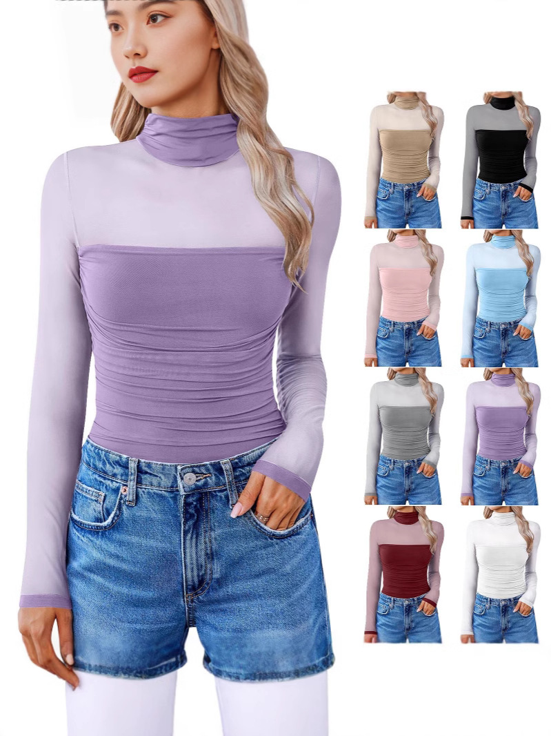 2025 Amazon New Pure Color Round Neck Stretch Mesh Stitching See-Through Long Sleeves Half Turtleneck Sexy Casual Slim Fit