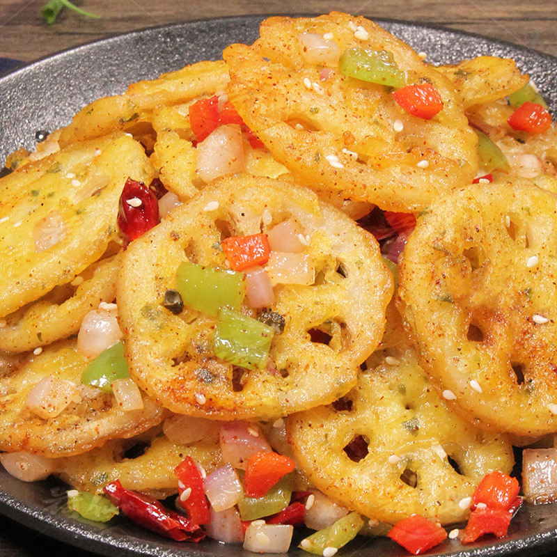 Crispy Lotus Root Slices with Scallion Flavor 500g Crispy Lotus Root Box Crispy Lotus Root Coated with Flour for Commercial Frying Semi-Finished Product