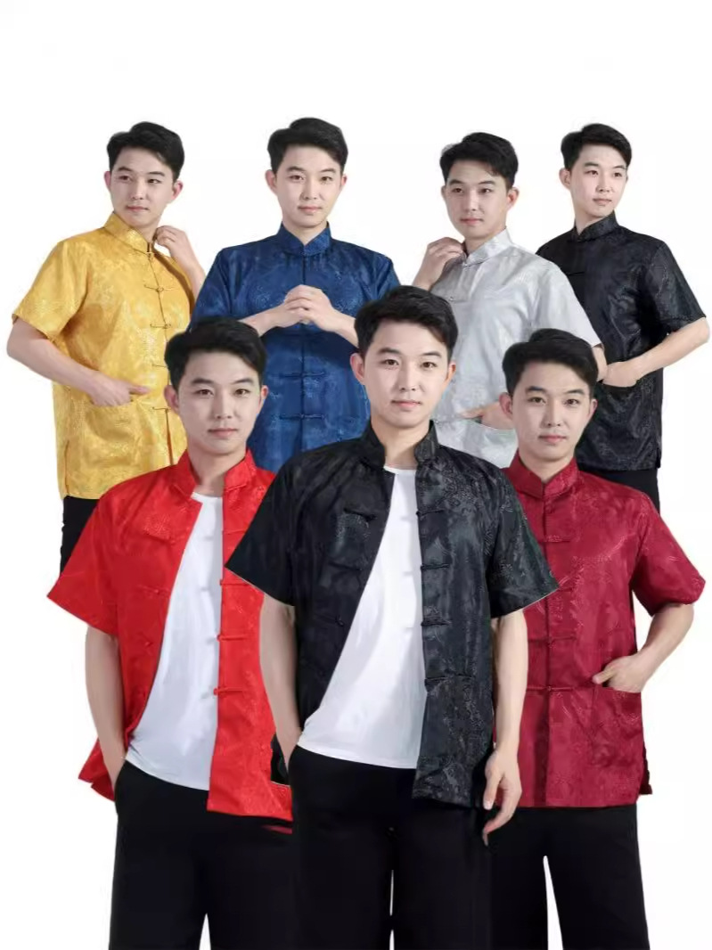 Wholesale Dropshipping Satin Embroidery Internet Celebrity Chinese Style Hanfu Silk Men's Short-Sleeved Tops Chinese Style Ancient Tang Suit