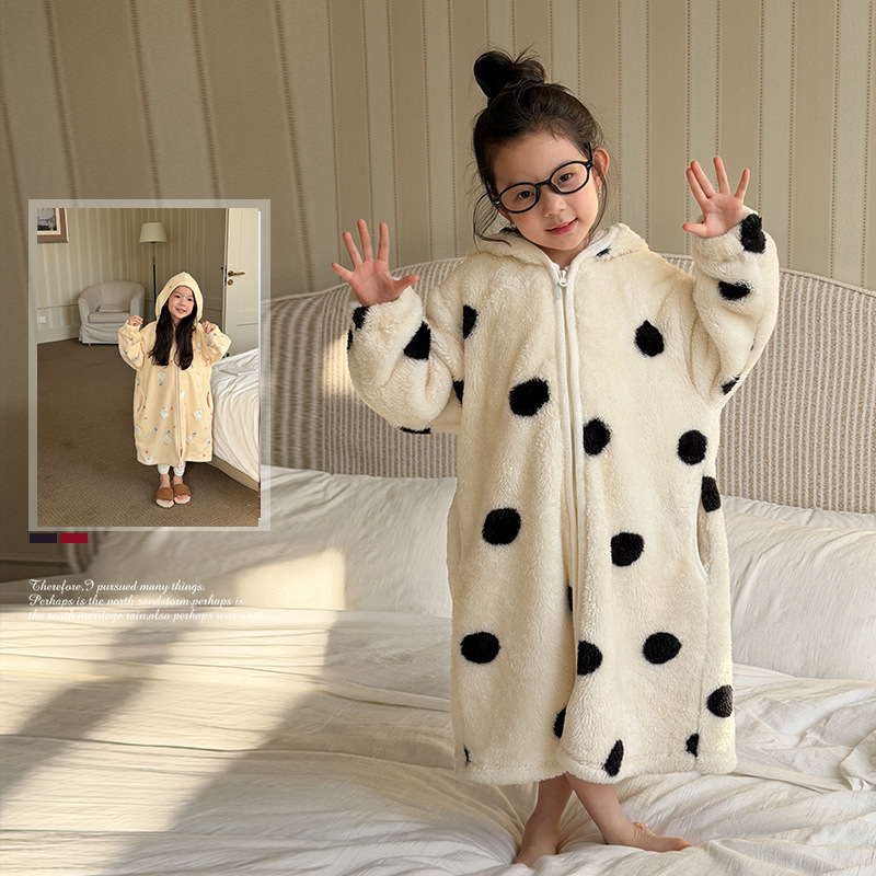 Халат Aimobeibei для детей, мультяшный, милый, теплый, в горошек, двусторонний, с капюшоном, коралловый флис, домашняя одежда