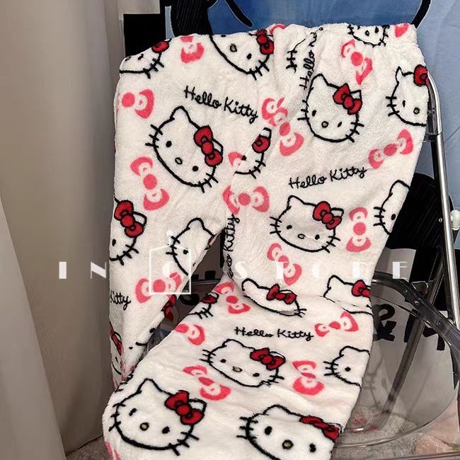 Foreign Trade Cartoon KT Cat Printed Pajama Pants Thick Women's Coral Fleece Autumn and Winter Home Casual Flannel Pajama Pants Outer Wear