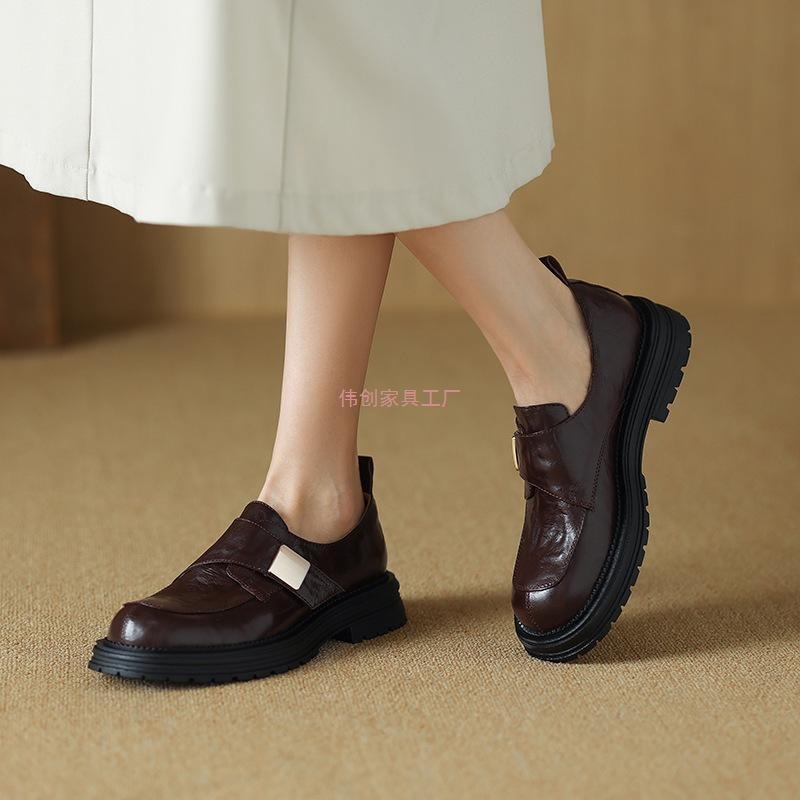 Sheepskin Version ~ 2025 New Retro British Round-Toe Thick-Soled Loafers Hand-Grained Sheepskin Slip-On Shoes for Women