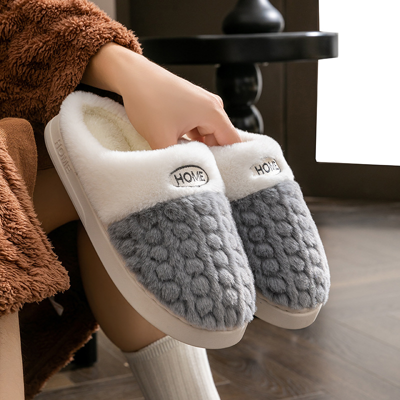 New Double-Color Wheat Ear Cotton Slippers for Women in Autumn and Winter, Couple's Non-Slip Thick-Soled Home Plush Shoes, Maternity Cotton Slippers