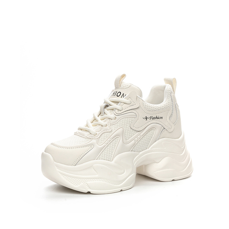 2025 Spring Women's Shoes New Style Height-Increasing Casual Dad Shoes White Shoes Wedge Platform Thick Sole Mesh Single Shoes with Fleece Lining