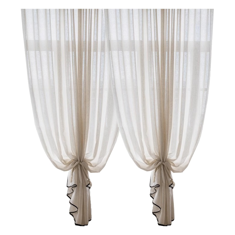 Fufeng Gauze Mid-Century Style Linen Gauze Curtains Black Edge Gauze Curtains Light-Impermeable French High-End Bedroom Living Room Gauze