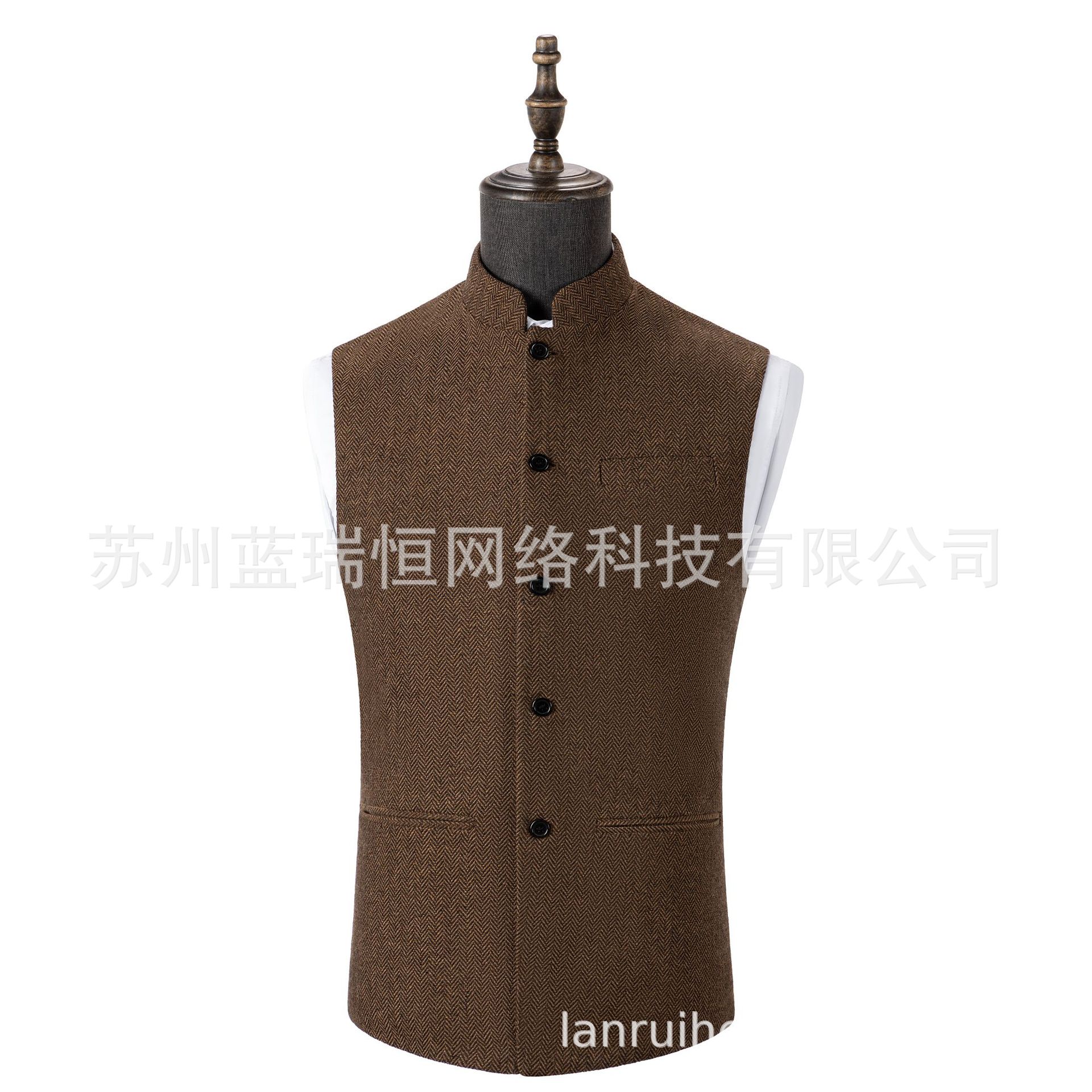 Cross-Border Preferred Men's Vest, Stand Collar, Zhongshan Style Vest, Herringbone Pattern Vest, Factory Direct Sale, Ready-Made Vest