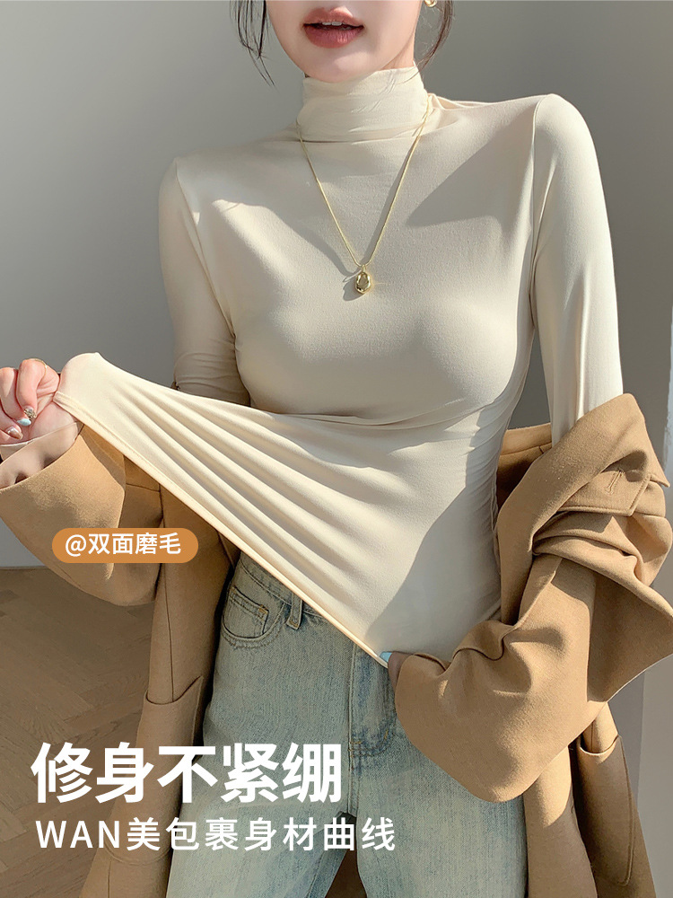 H528 Half-high Collar Mask Shirt Women's Inner Wear Autumn and Winter Sanding Base Shirt Slim-fit Warm Outer Wear Long-sleeved T-shirt Top