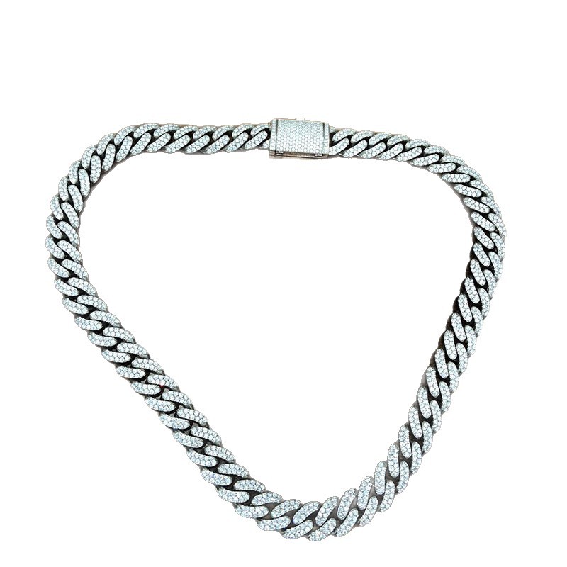 Platinum Pt950 Cuban Necklace European and American Hip-Hop Necklace Men's 10mm Double Row Diamond Bubble Cuban Necklace Cross-Border