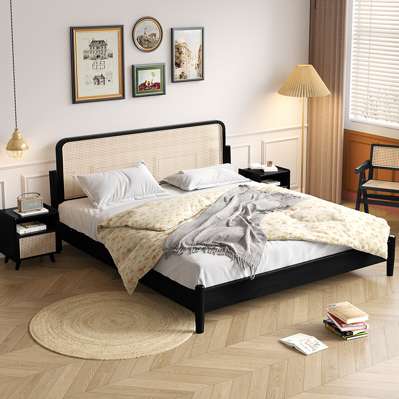 Rattan Solid Wooden Bed Modern Simple Master Bedroom 1.8m Double Bed Black Nordic Japanese Style Retro Style Quiet Style Homestay Bed
