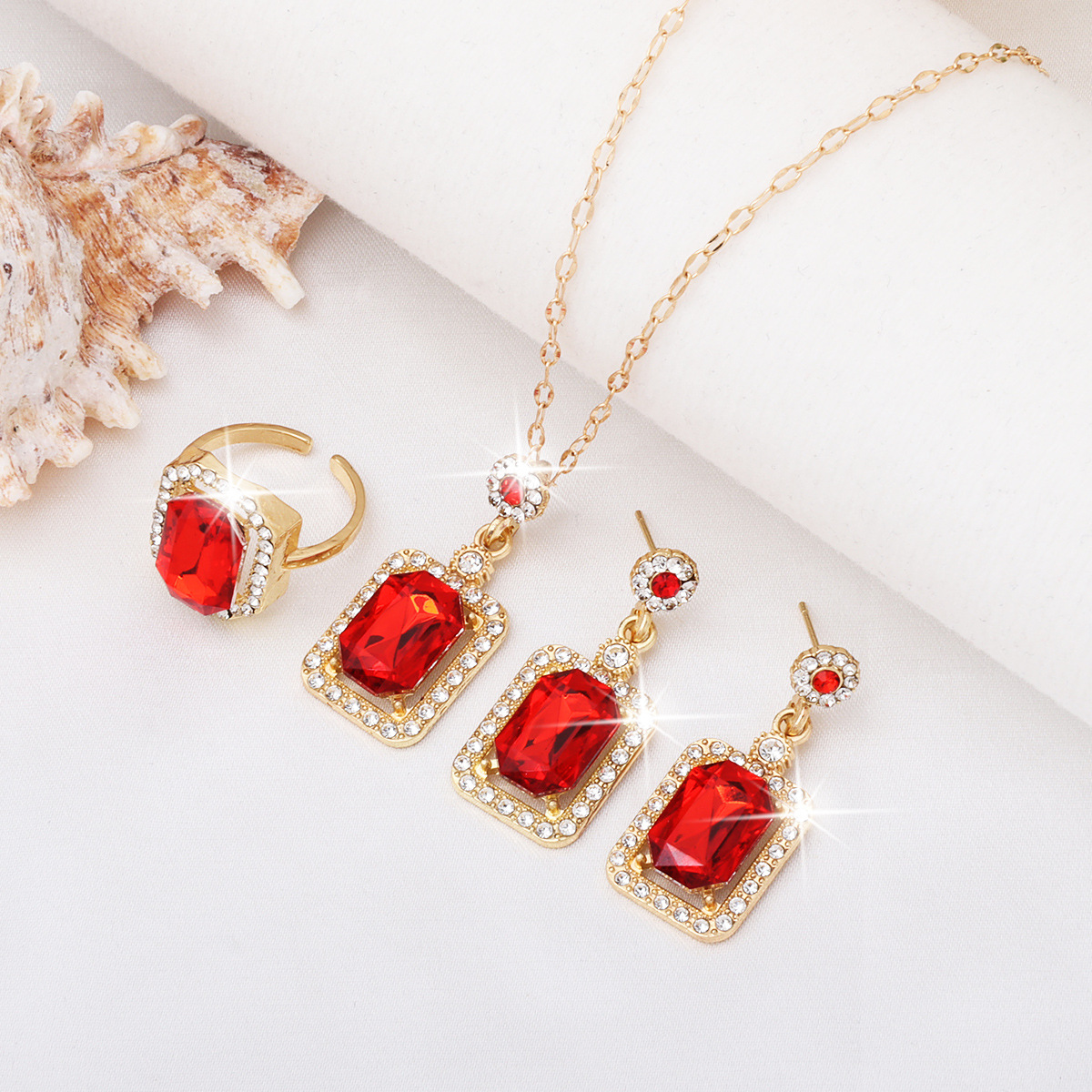 Green Pendant Gem Necklace Ring Earrings Three-piece Set Women's Summer Small High-level Design Sense Clavicle Chain Light Luxury