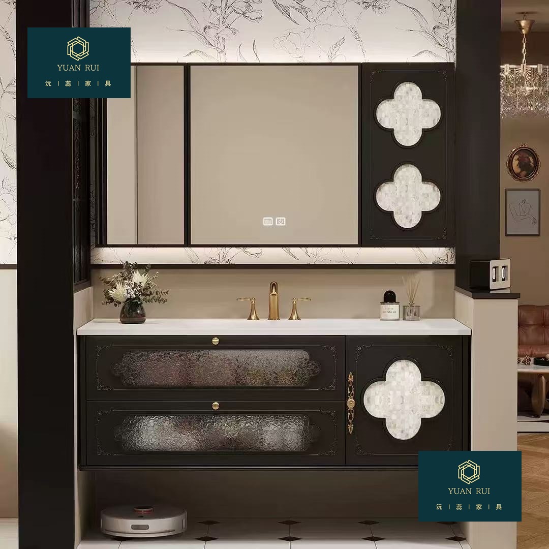 Французский стиль, новый винтажный шкаф для ванной из резинового дерева с интегрированной керамической раковиной