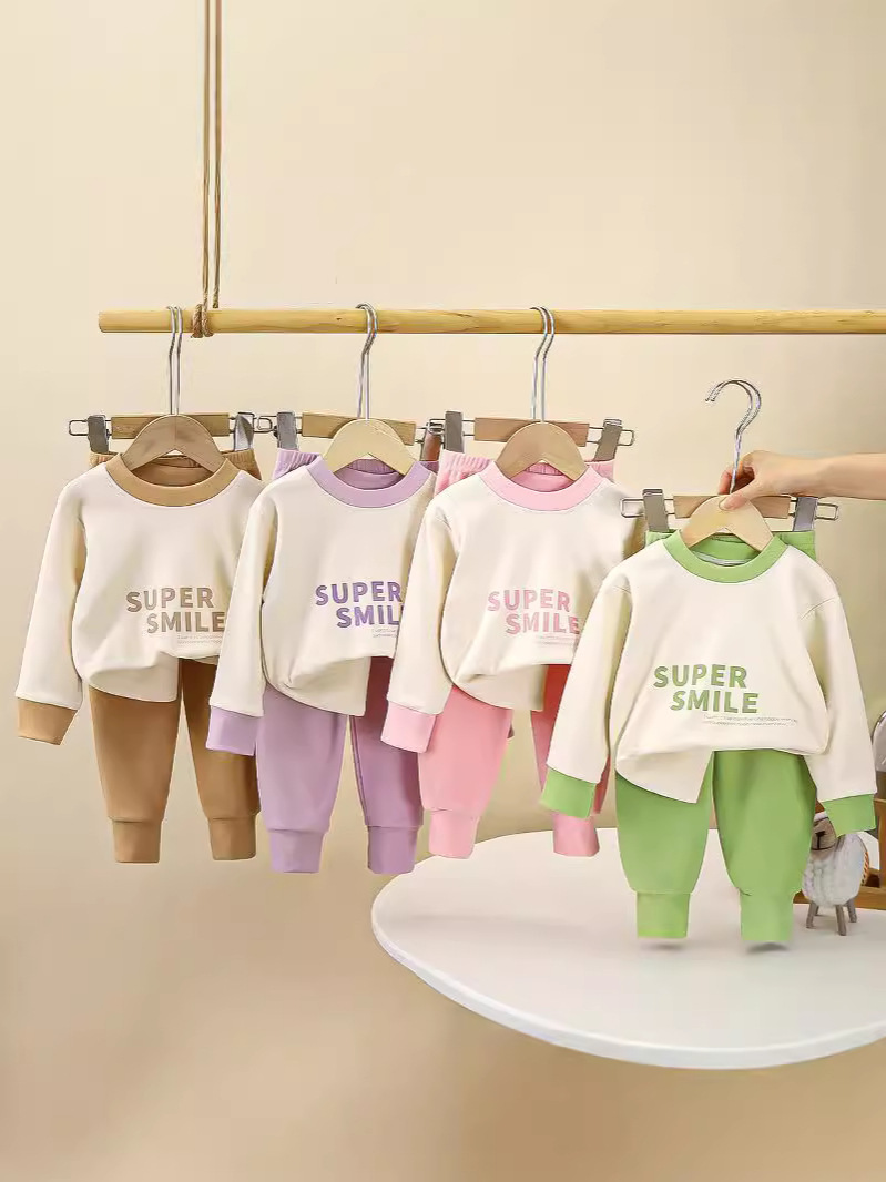 Children's Fall/Winter Double-Sided Velvet Suit for Boys and Girls Autumn Clothes Autumn Trousers Baby Home Clothes Underwear suit Base Pajamas