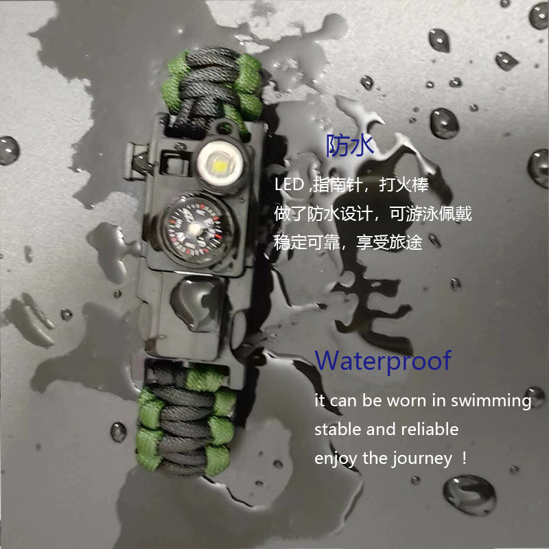 Emergency umbrella rope bracelet outdoor survival camping multi-function bracelet compass LED distress signal light SOS bracelet