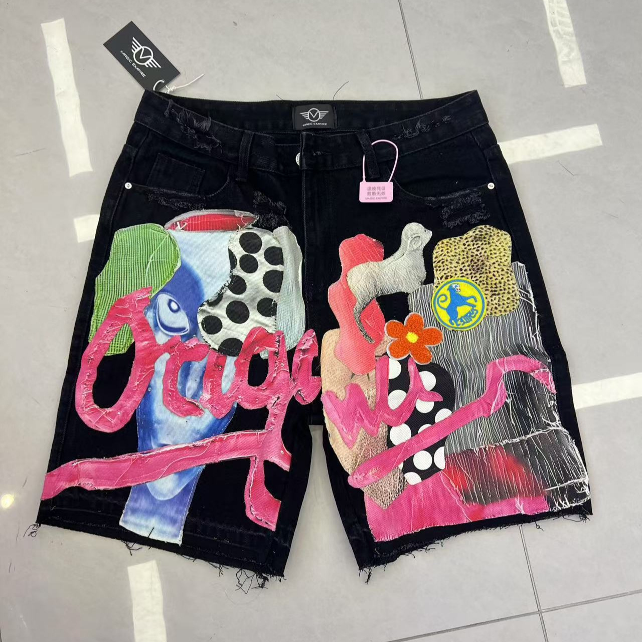 Collage Denim Shorts Collage Art Style Abstract Letter Collage Unlock Street Trend Password Wl662-2