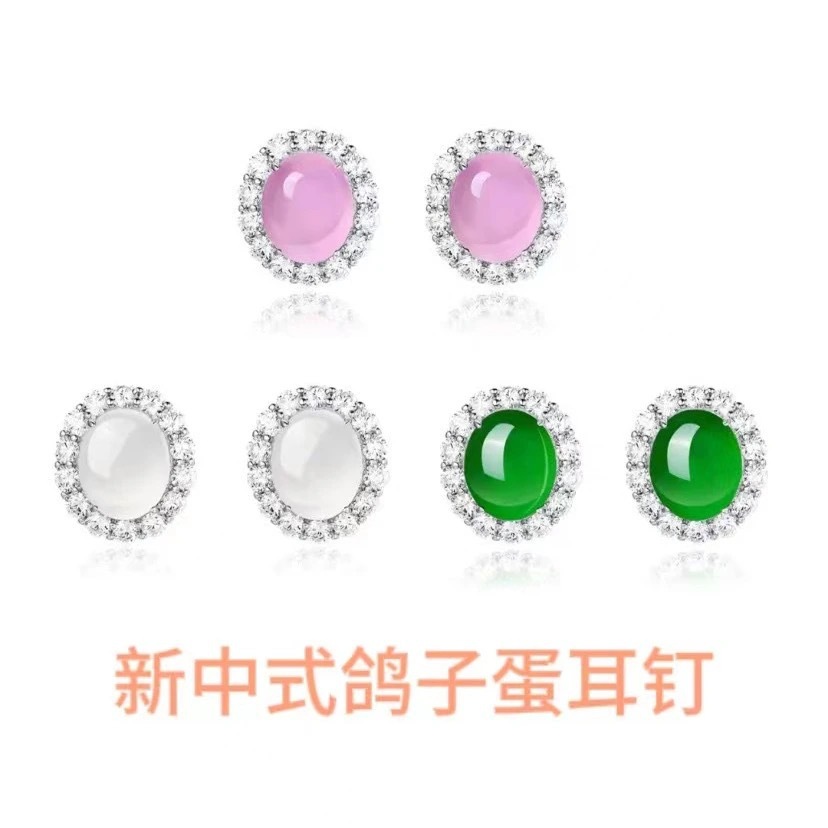 925 Silver Needle Inlaid Ice White Chalcedony New Chinese Style Earrings Green Agate Simple Jade Earrings Wholesale Supply