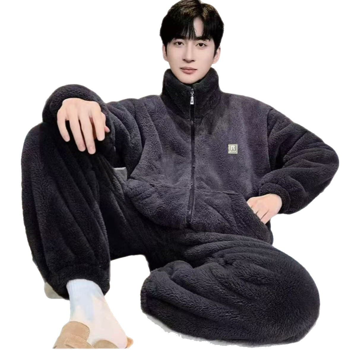 Can Be Worn Outside Men's Large Size Loose Fleece-Lined Thickeneded Warm Velvet Warm Home Clothes Pajamas Set Autumn and Winter New Snowflake Velvet