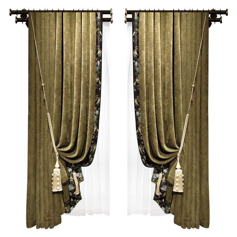 French Luxury American Olive Green Chenille Retro Villa Living Room Curtains High-End High-Light-Blocking Bedroom High-End
