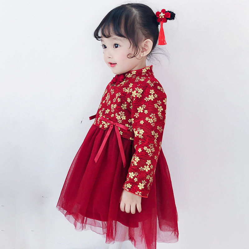 New Year's Greetings Clothes for Girls 1-8 Years Old, Autumn and Winter Dresses, Kidsren's Velvet Skirts, Han Dynasty Winter Girls' Cheongsam Skirts