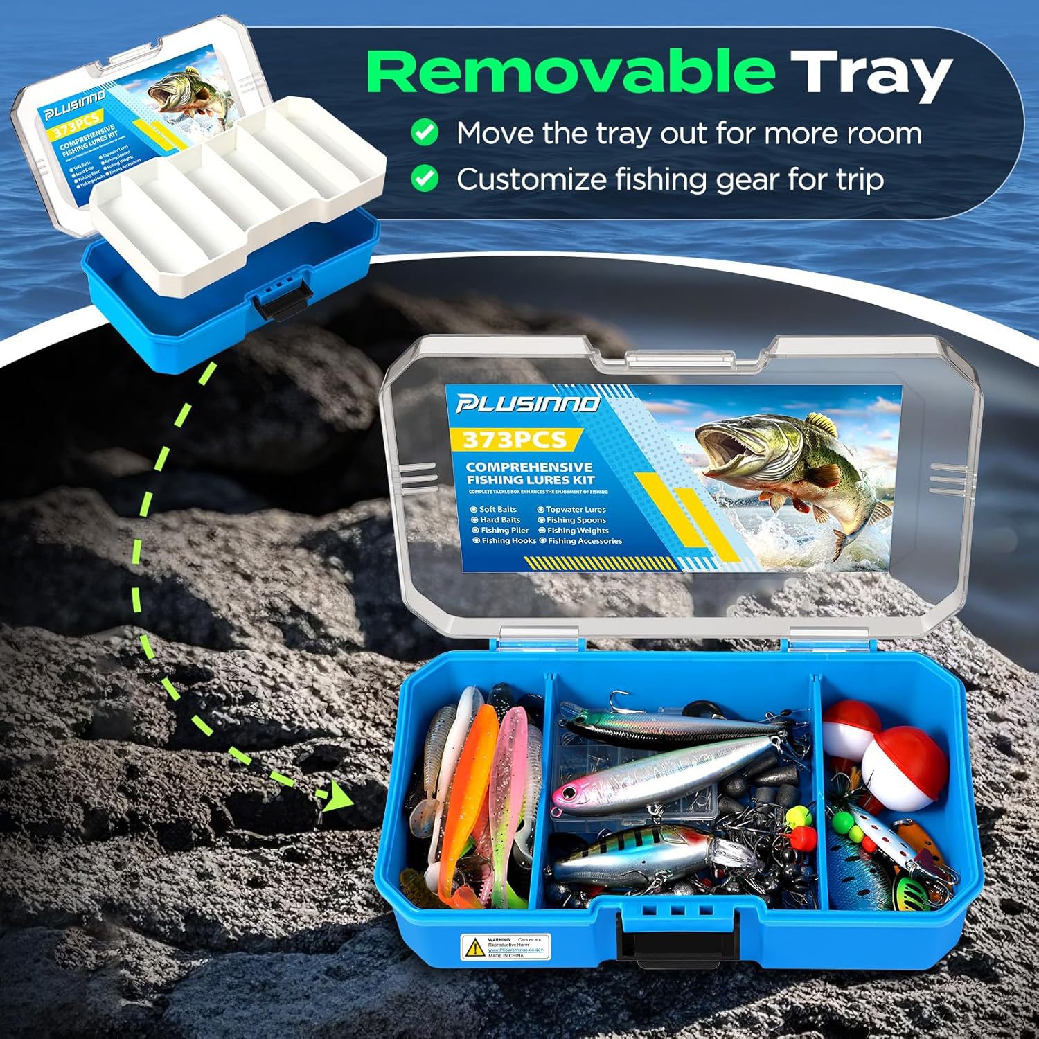 373 Pieces Fishing Lure Kit with Removable Tray Fishing Tackle Accessories with Pliers