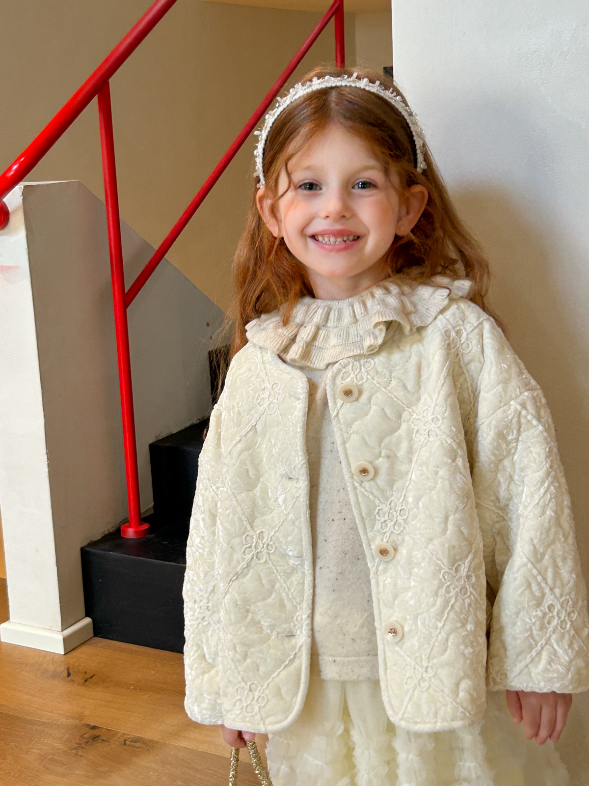 2025 Autumn/Winter New Girls' Quilted Velvet Chanel-Style Floral Cotton Jacket Embroidered Cardigan