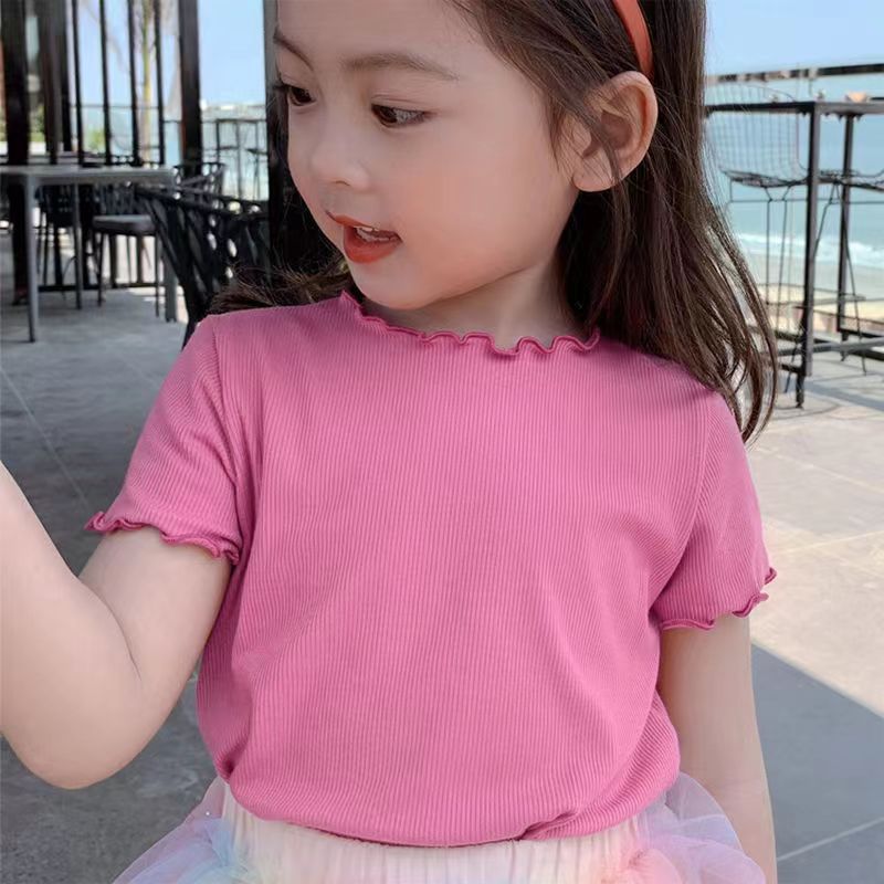 Ice Silk Short-Sleeve T-Shirt Korean Style for Girls, Summer Versatile Striped Ruffle Edge Top for Toddlers and Young Children, Casual and Versatile