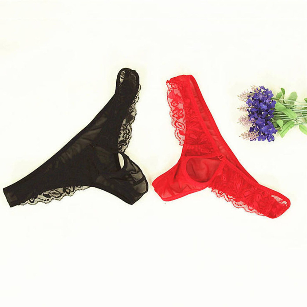 Men's Underwear with Front Holes U Convex Bag Lace Flower Mesh Transparent Sexy Underwear Men's Thong T-Pants 2030