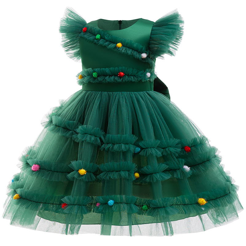 Foreign Trade New Christmas Party Dress Girls Princess Dress Bow Solid Color dress Children's Evening Dress
