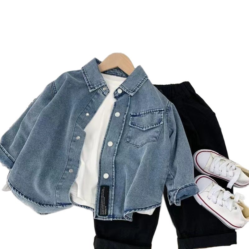 New Children's Denim Shirt Spring and Autumn Top for Young Children Stylish Turn-Down Collar Jacket Boys and Girls Long-Sleeve Trendy Style